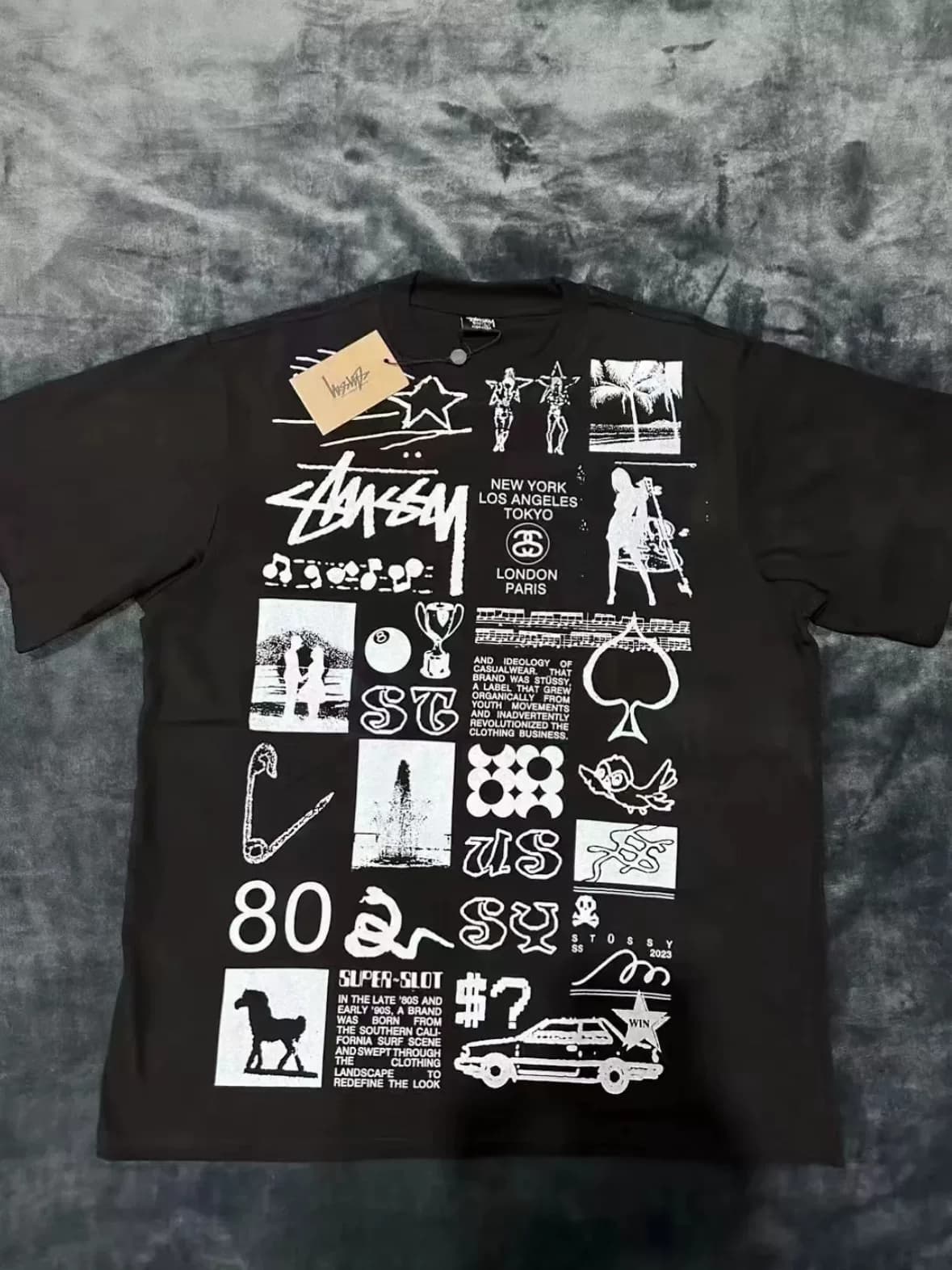 Кобрендовая футболка Stussy с полной запечаткой и короткими рукавами, новая черная xl