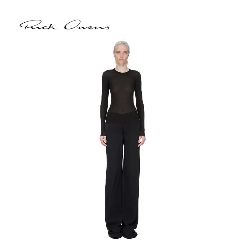 Женская черная футболка в рубчик из вискозы в рубчик от RICK OWENS с длинными рукавами