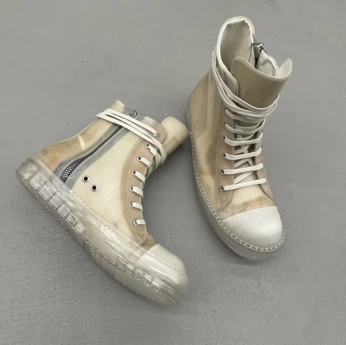 Бежевые старые кроссовки Rick Owens с прозрачной подошвой и грязным высоким берцем RP01C