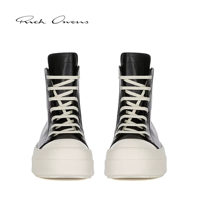 Мужские черные молочно-белые кожаные кроссовки с высоким берцем от RICK OWENS