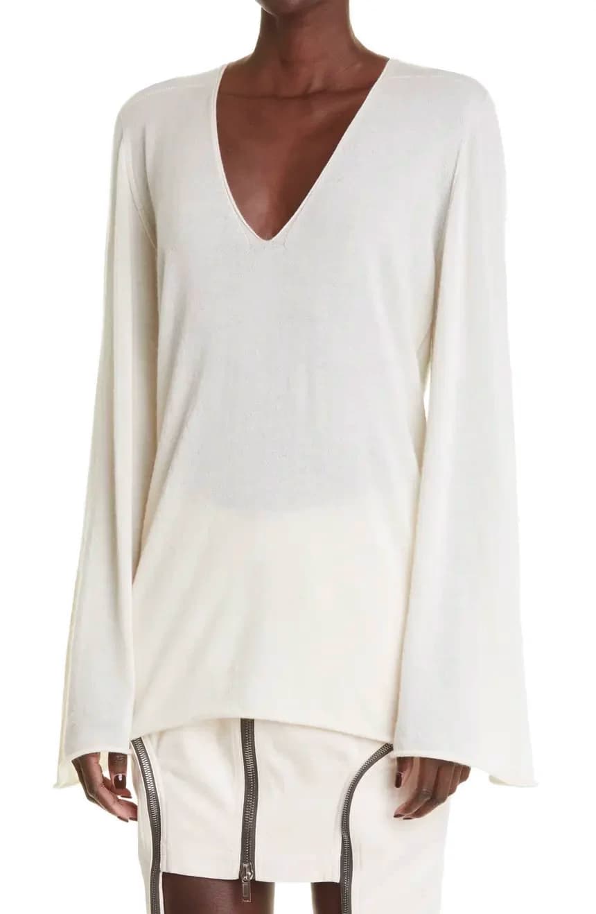 Бежевый шерстяной гофрированный свитер Rick Owens main line с V-образным вырезом RP01C5616 M 08
