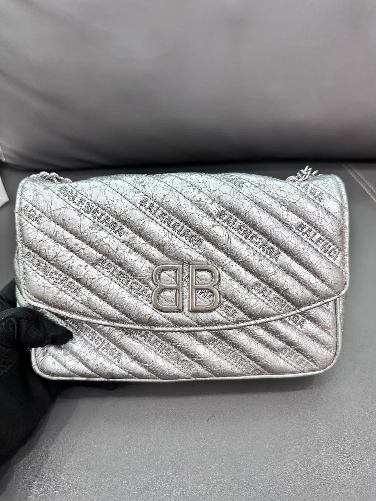 Balenciaga Баленсиага + Сумка на цепочке WOC + Кожа с серебристым рисунком + Двойная