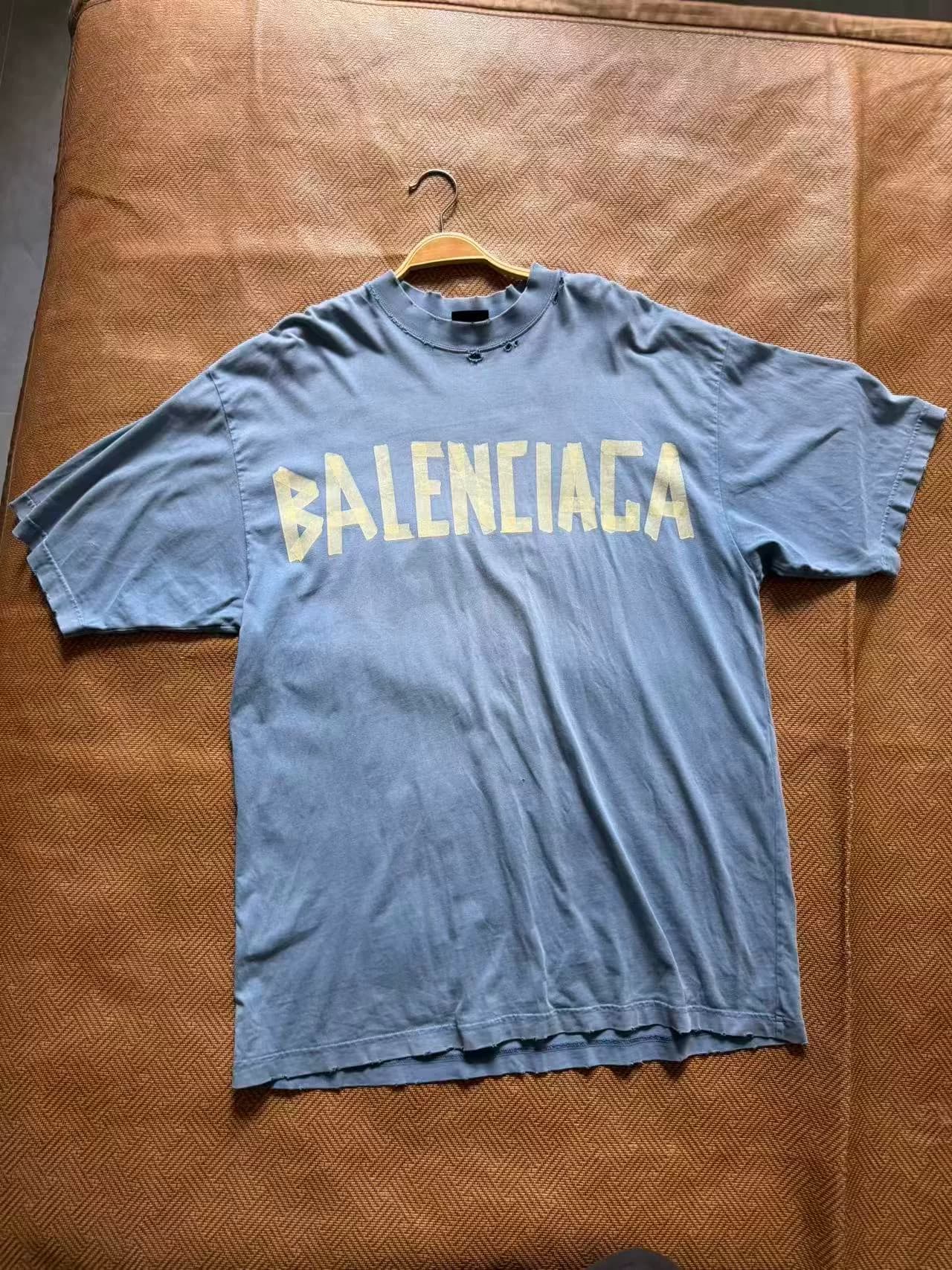 Синяя стиранная рубашка с короткими рукавами Balenciaga tape, размер 9, новая