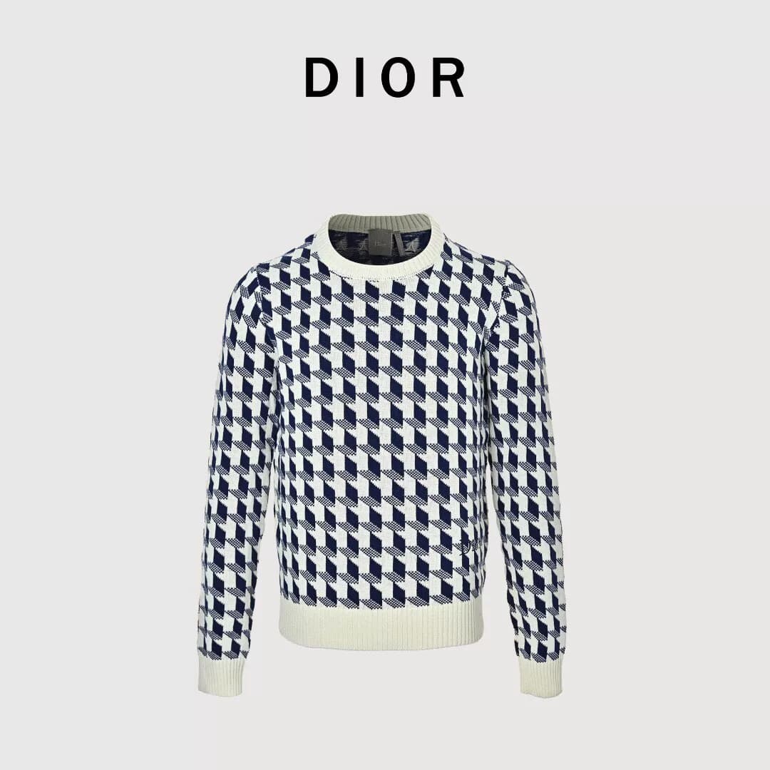 DIOR Dior CD Жаккардовый свитер в клетку "Хаундстут" с круглым вырезом