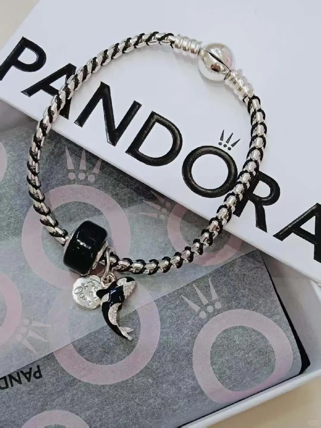 Браслет Пандора Pandora#Черный плетеный браслет#Стеклянные бусы#Подвеска касатка DI