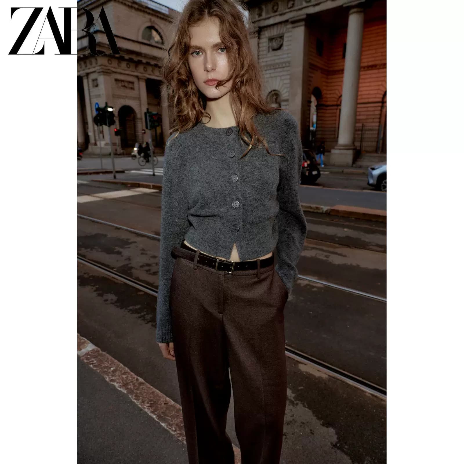 Новая зимняя вязаная куртка ZARA 2025 с круглым вырезом и длинными рукавами, средне-серого цвета, размер L (1