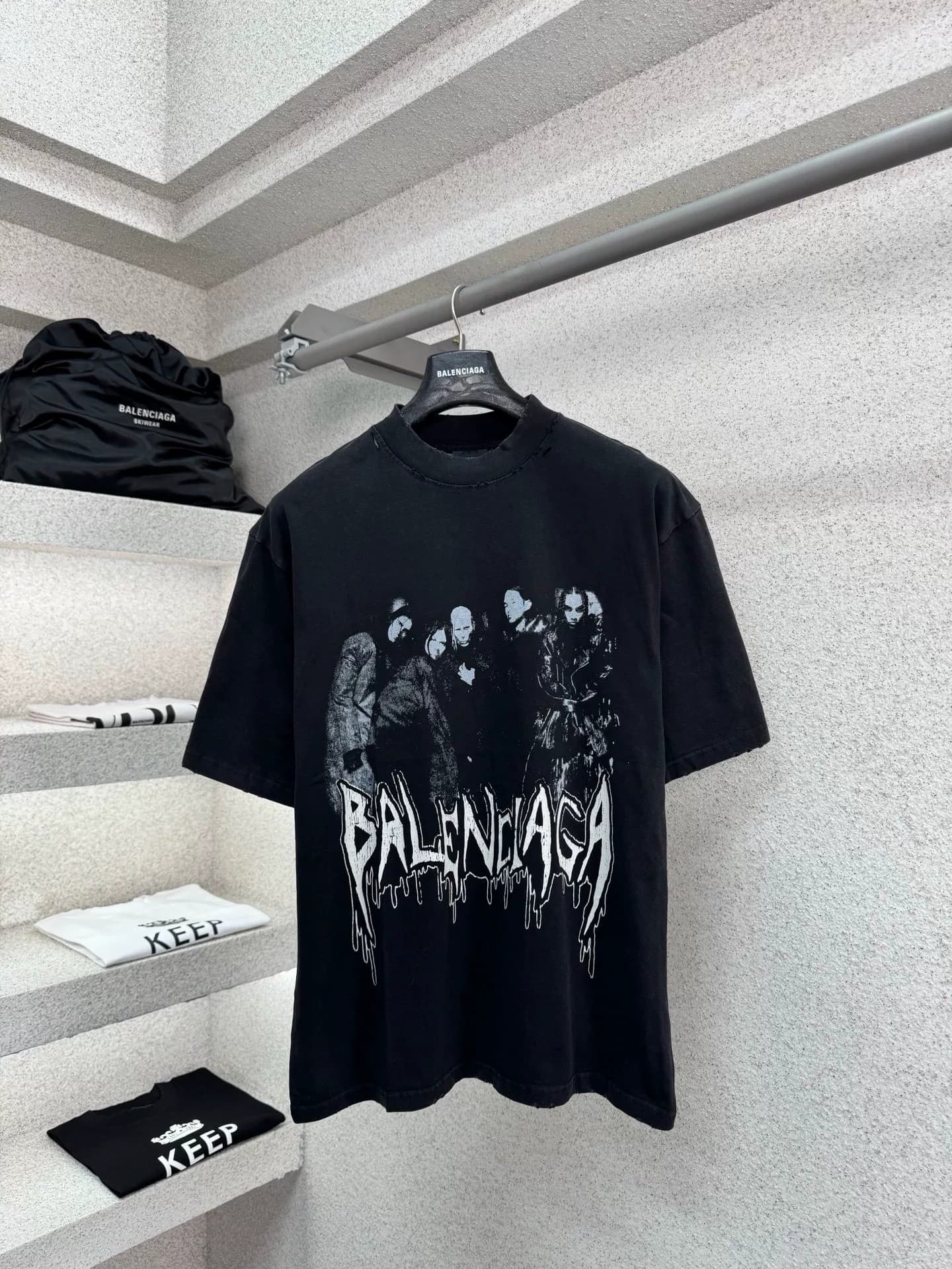 BALENCIAGA Balenciaga Band Portrait с коротким рукавом, черный, хлопок, 330 г