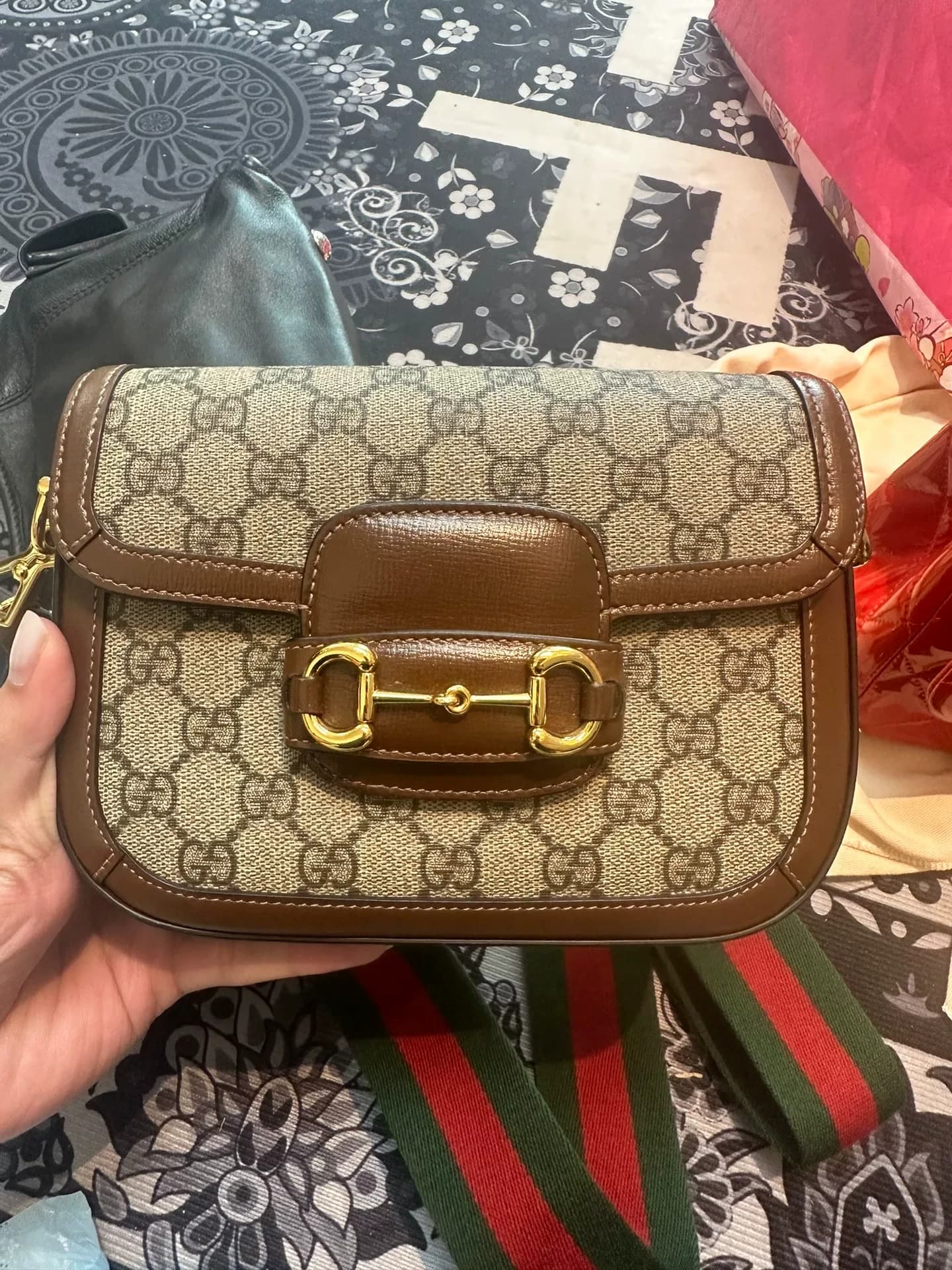 Седельная сумка Gucci 1955, мини-модель, классический коричневый цвет для пресбиопии, конский воротник