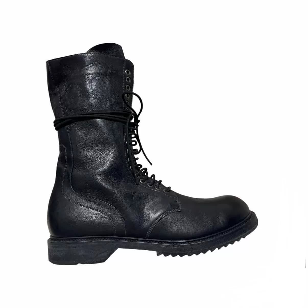 Ультраредкие военные ботинки Rick Owens main line, черная воловья кожа, на шнуровке с высоким берцем