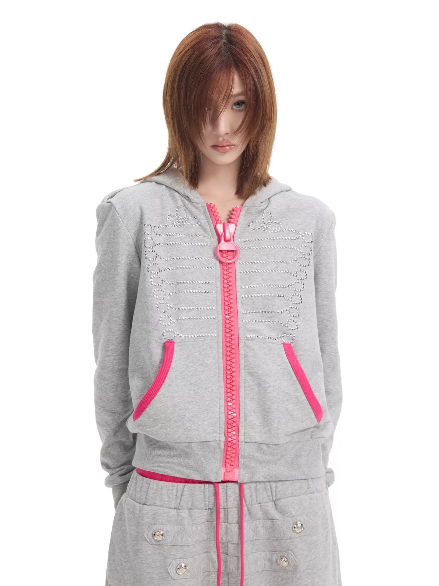 Свитер с капюшоном на молнии NumbAsia_ palace hot sheet pink plastic big zipper light sub-street